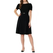 Allegra K Women's Elegant Wear-to-Work Dress Belted Boat Neck Short Sleeve Midi Dresses M Black
